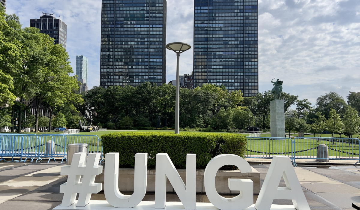The #UNGA twitter hashtag for the UN General Assembly in the UN headquarters campus in New York, on July 14, 2023. (AFP)