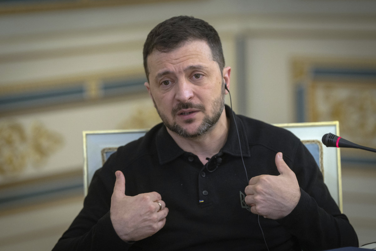Ukrainian President Volodymyr Zelenskyy gestures as he speaks during an interview with The Associated Press in Kyiv on Feb. 1, 2025. (AP Photo)