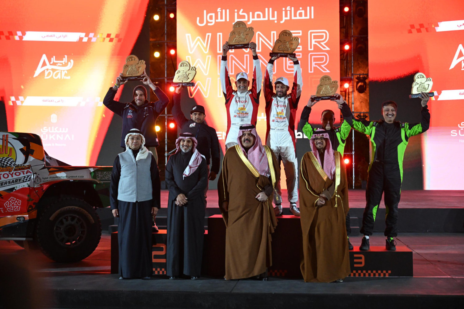 Abdullah Bakhashab and French co-driver Sebastein Delanuay receiving their award after winning the second and final stage of the Legends Rally in Hail on Saturday. (Supplied)