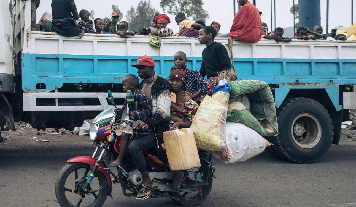 War-displaced people leave the camps on the outskirts of Goma on February 2, 2025. (AFP)