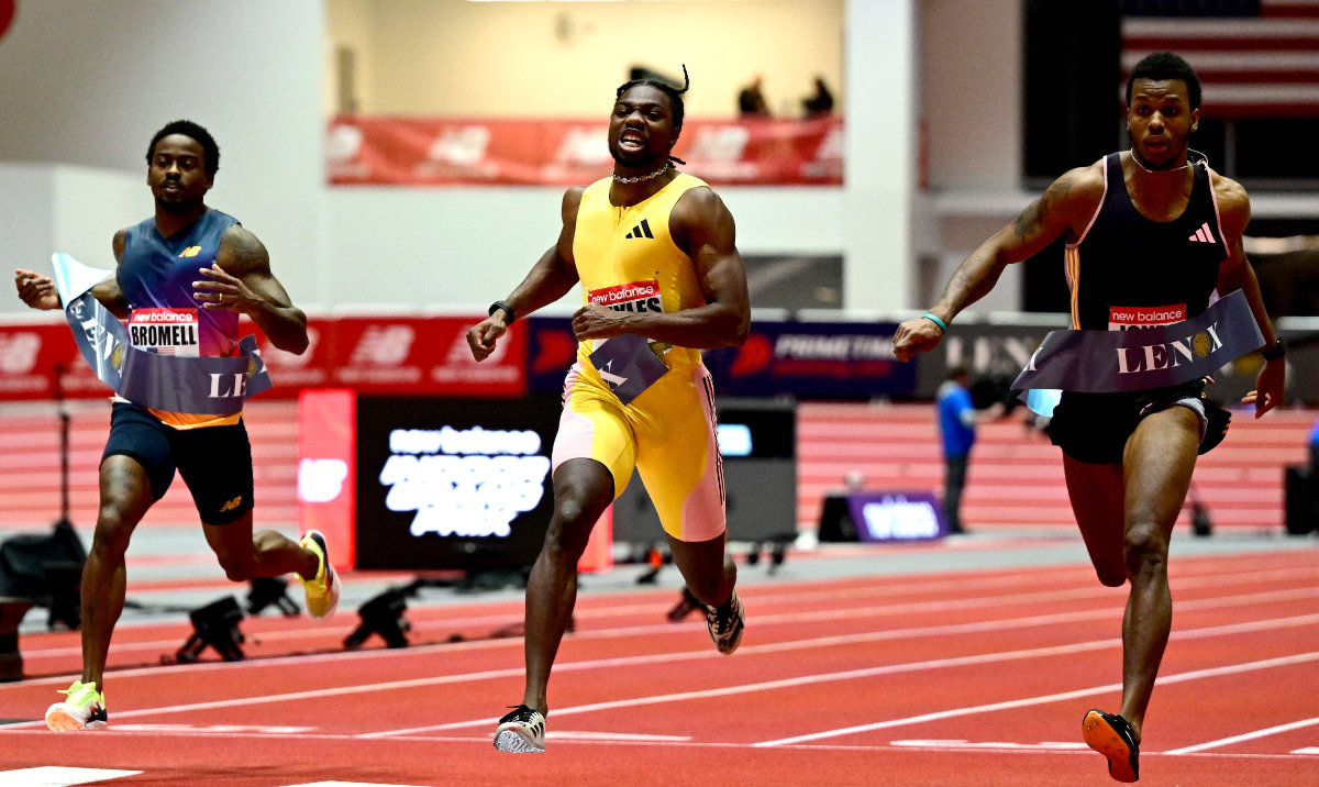 Noah Lyles (C) of the US reacts as he wins the men’s 60m final during the New Balance Indoor Grand Prix on Feb. 2, 2025 in Boston, Massachusetts. (AFP)