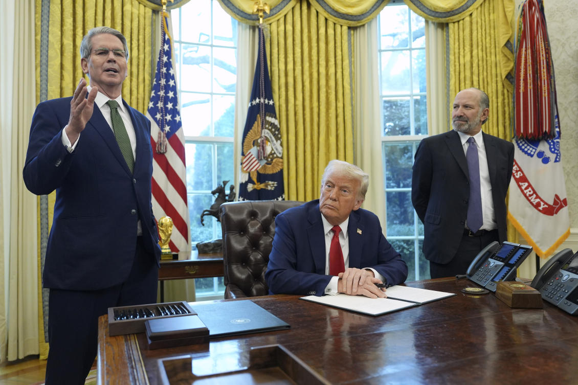 Treasury Secretary Scott Bessent, from left, speaks as President Donald Trump and Commerce Secretary Howard Lutnick listen in the Oval Office of the White House, Monday, Feb. 3, 2025, in Washington. (AP)