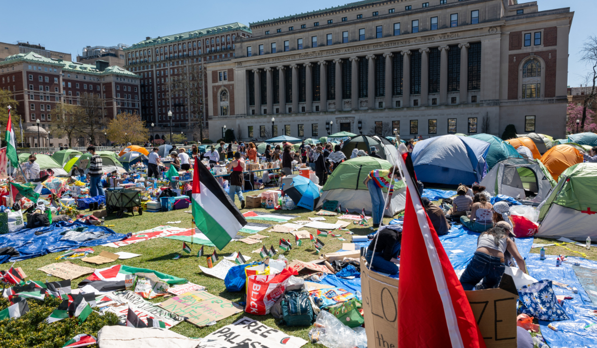Pro-Palestine supporters, some in tents, gather on the campus of Columbia University on April 22, 2024 in New York City. (AFP)