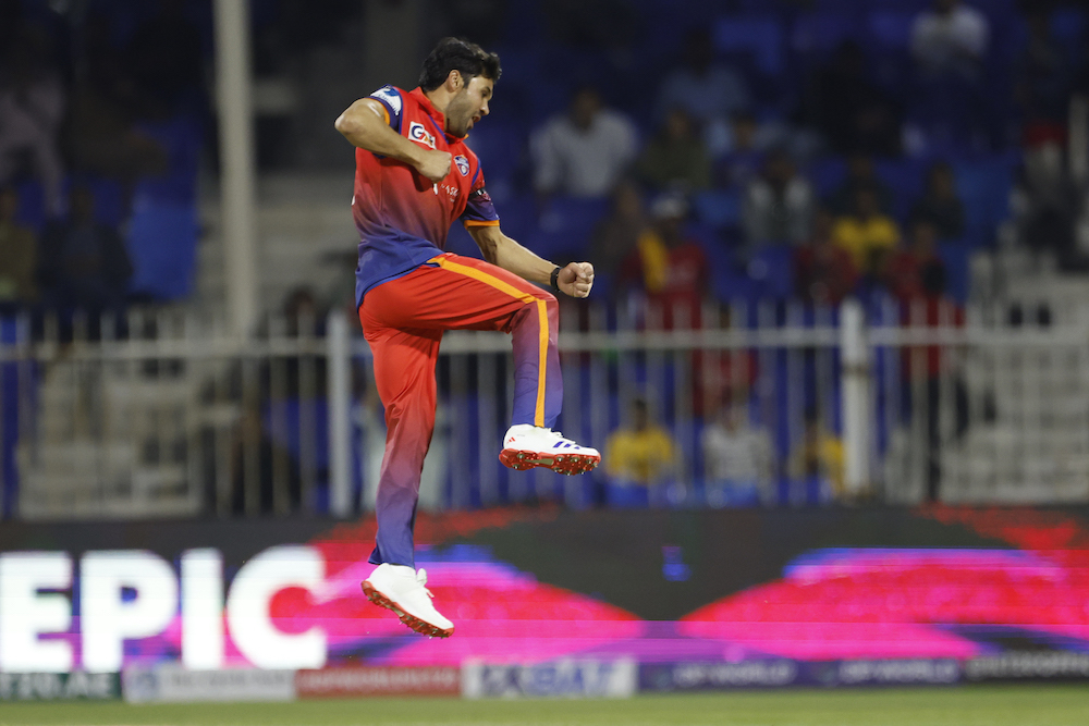 Qais Ahmad of Dubai Capitals celebrates the wicket of Adam Hose during the DP World ILT20 win over the Desert Vipers at the Sharjah Cricket Stadium. (ILT20)