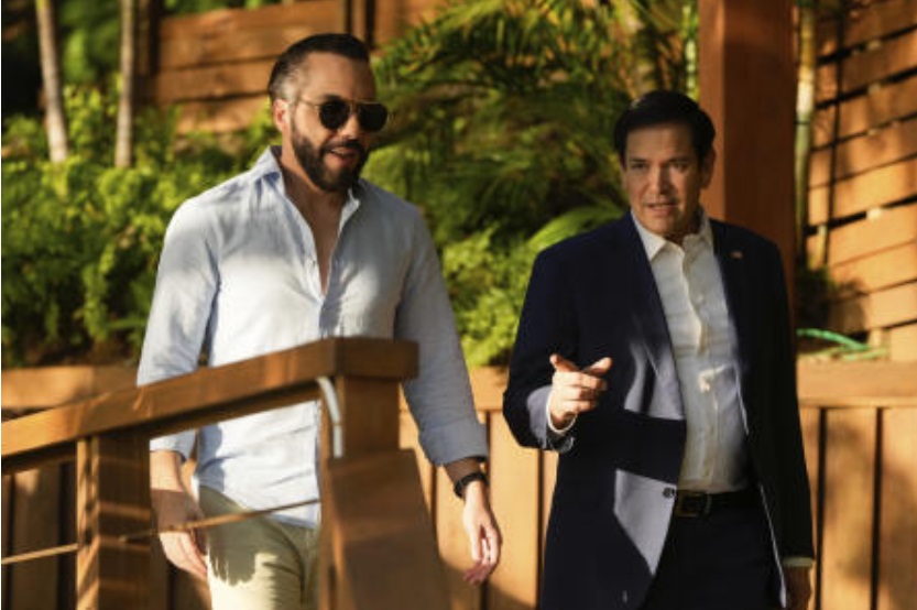 US Secretary of State Marco Rubio meets with President Nayib Bukele at his residence at Lake Coatepeque in El Salvador, Feb. 3, 2025. (AP)