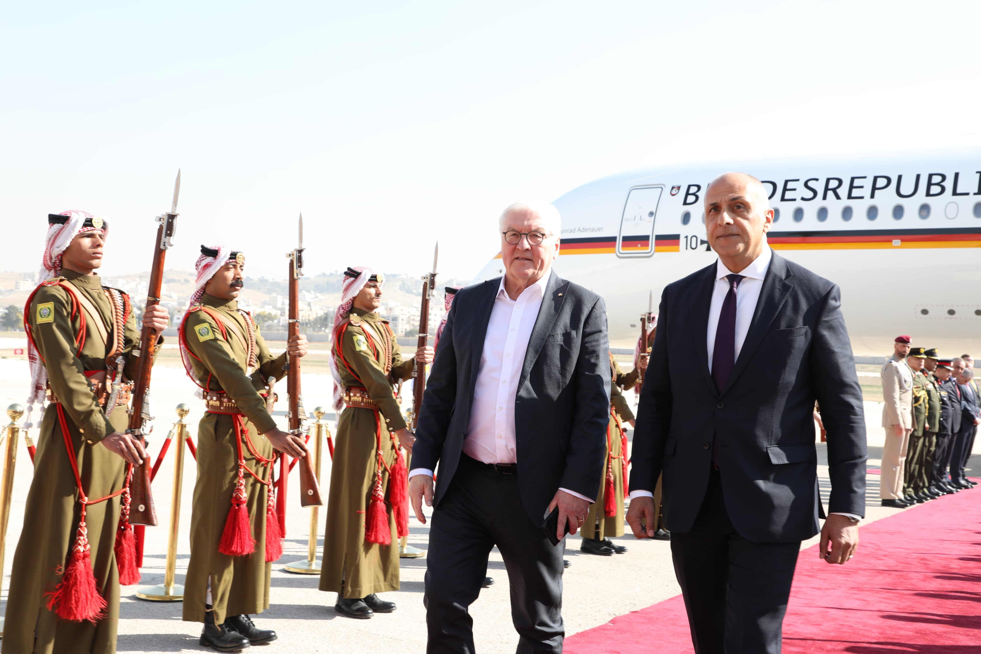 Germany’s President Frank-Walter Steinmeier was received at Marka International Airport by senior Jordanian officials. (Petra)