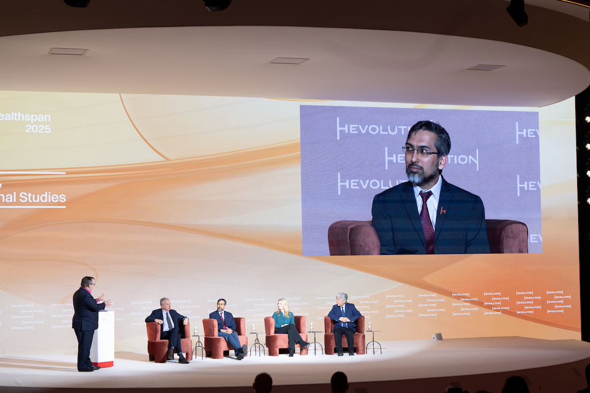 Panelists take part in a discussion on the role of advanced data analytics and longitudinal studies in healthy aging at the Global Healthspan Summit in Riyadh. (Huda Bashatah)