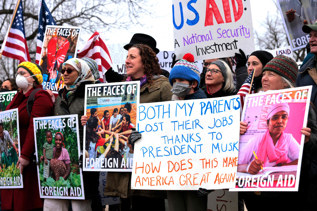 Current and former employees of the USAID and their supporters rally with members of Congress outside the US Capitol on February 05, 2025 in Washington, DC. (Getty Images via AFP)