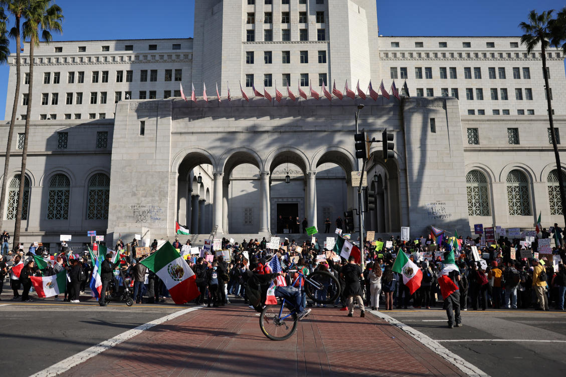 People gather during a 50501 Movement protest against Project 2025 and the executive orders of US President Donald Trump in Los Angeles, California, US February 5, 2025. (REUTERS)