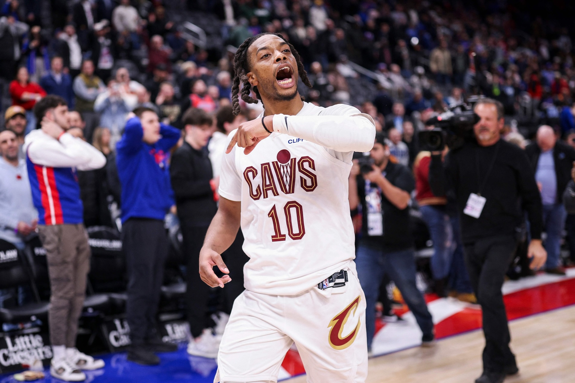 Darius Garland of the Cleveland Cavaliers after making a buzzer-beating 3-pointer to defeat the Detroit Pistons, 118-115, at Little Caesars Arena on Feb. 05, 2025 in Detroit. (Getty Images via AFP)