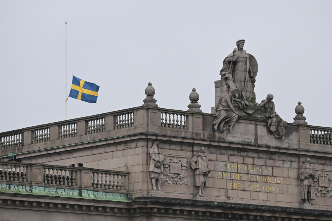 A Swedish flag flies at half-mast at the Swedish Parliament in Stockholm, Wednesday Feb. 5, 2025, after a shooting at an adult education center on Tuesday. ( AP)