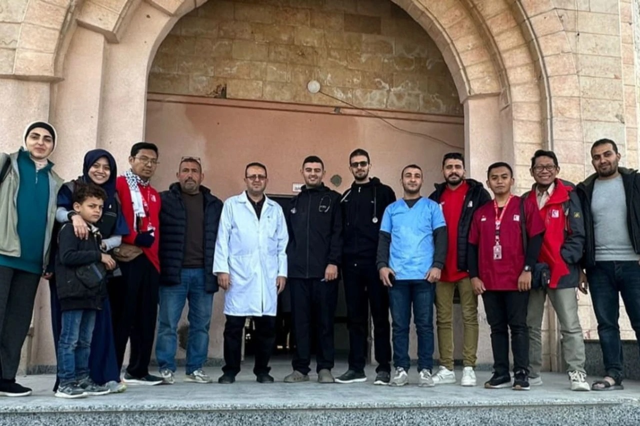 Indonesian and Palestinian medical volunteers pose for a photo at the Indonesia Hospital in north Gaza in this photo shared on Feb. 3, 2025. (MER-C)