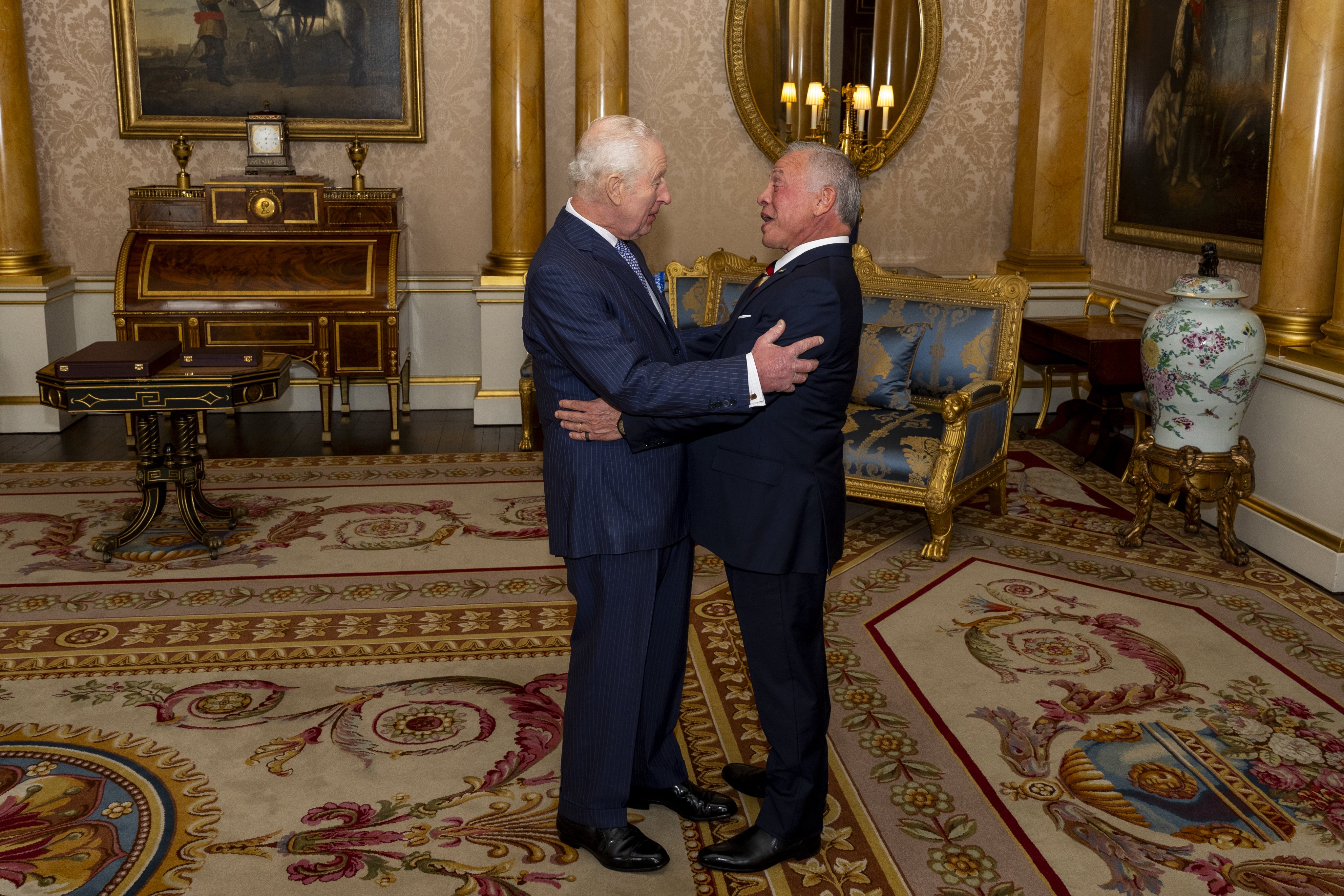 Jordan’s King Abdullah II and King Charles III at Buckingham Palace in London. (Courtesy: @RoyalFamily)