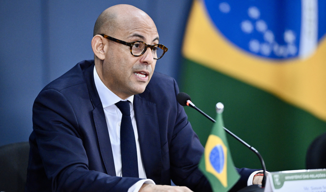 UN Climate Change Executive Secretary Simon Stiell delivers a statement at Rio Branco Institute in Brasilia, on February 6, 2025. (AFP)