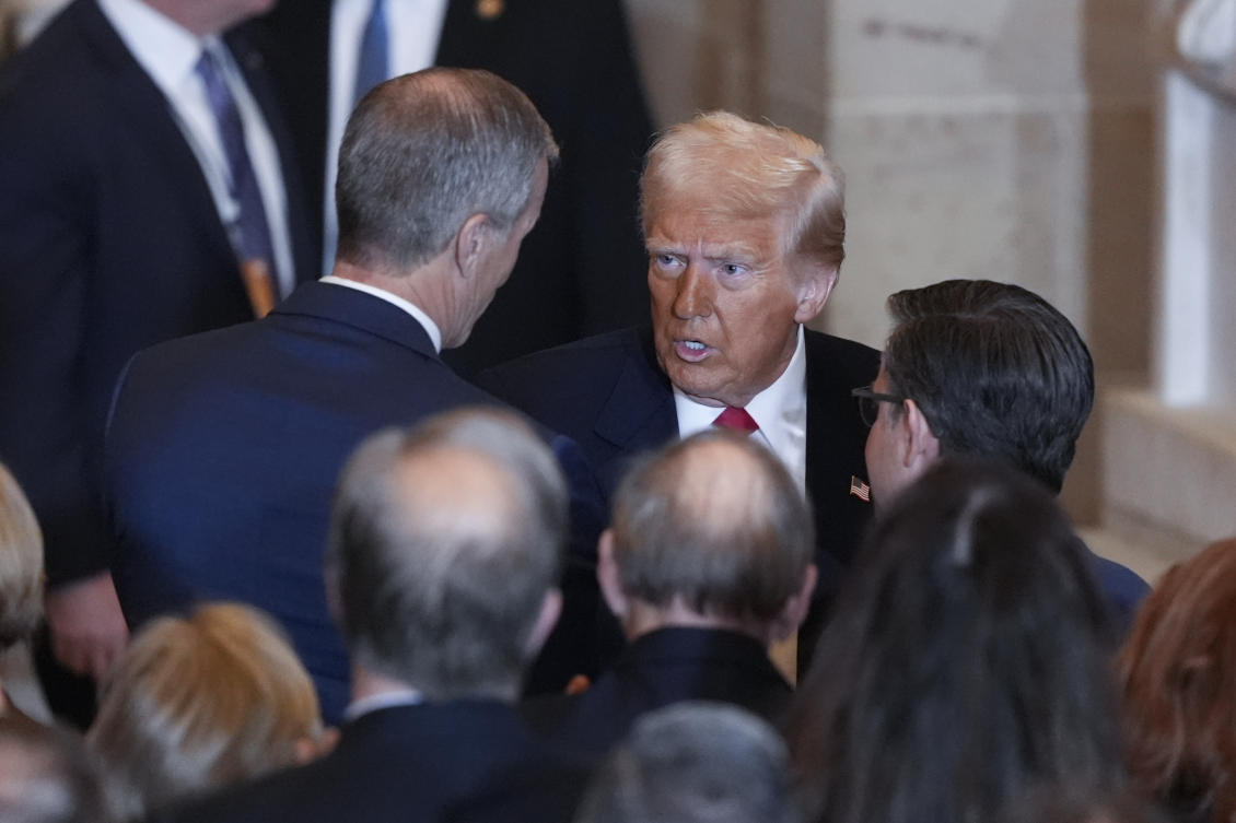 President Donald Trump talks to Senate Majority Leader John Thune, R-S.D., left and and House Speaker Mike Johnson, R-La., right. (AP)