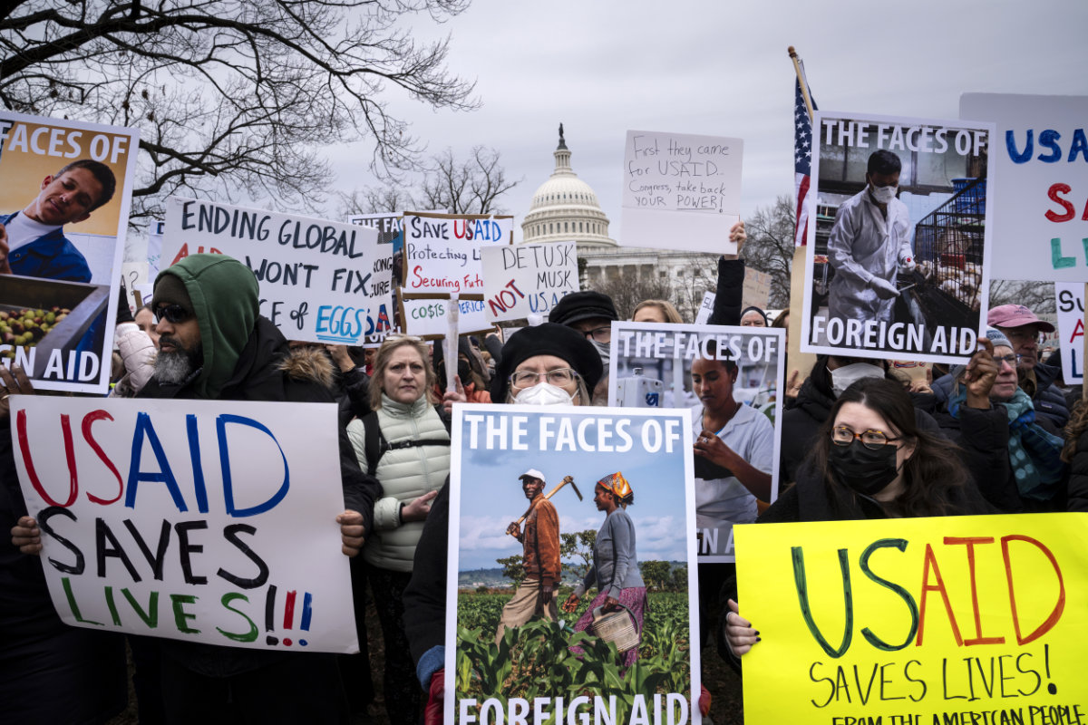 Demonstrators and lawmakers rally on Capitol Hill in Washington, on Feb. 5, 2025, against President Donald Trump and his ally Elon Musk as they disrupt the federal government, including dismantling the USAID, which administers foreign aid approved by Congress. (AP)