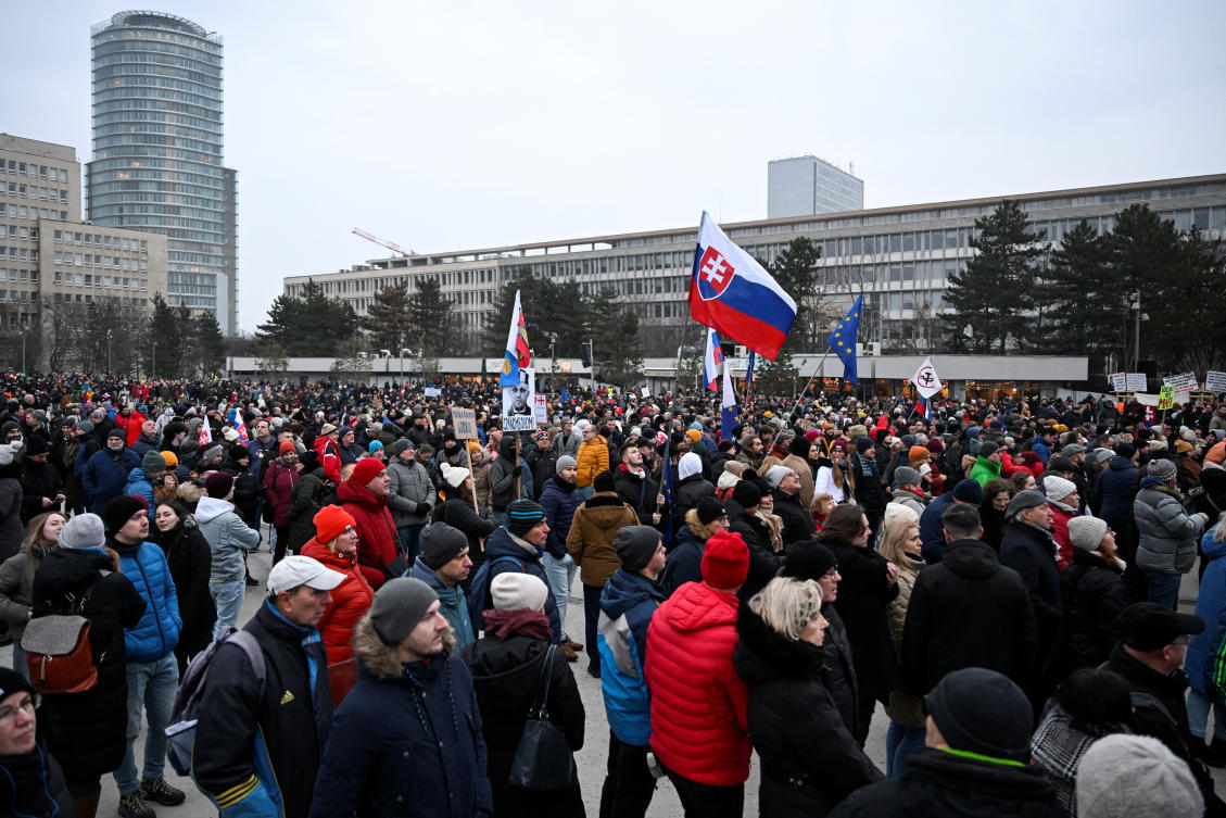 Demonstrators attend an anti-government protest in Bratislava, Feb. 7, 2025. (Reuters)