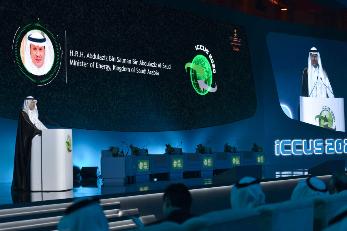 This photo taken on February 25, 2020, shoes Saudi Minister of Energy Abdulaziz bin Salman speaking during the iCCUS conference on enabling circular economy in Riyadh. Saudi Arabia’s oil and gas industry has gone a long way hence in adopting carbon capture technologies to reduce industrial emissions while enhancing oil recovery. (AFP/File)