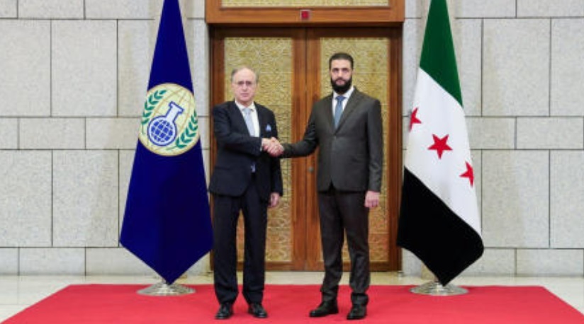 Syrian Arab Republic’s interim President Ahmed Al-Sharaa meets with Fernando Arias, the head of the Organization for the Prohibition of Chemical Weapons (OPCW) in Damascus, Syria, in this handout released on Feb. 8, 2025. (Reuters)
