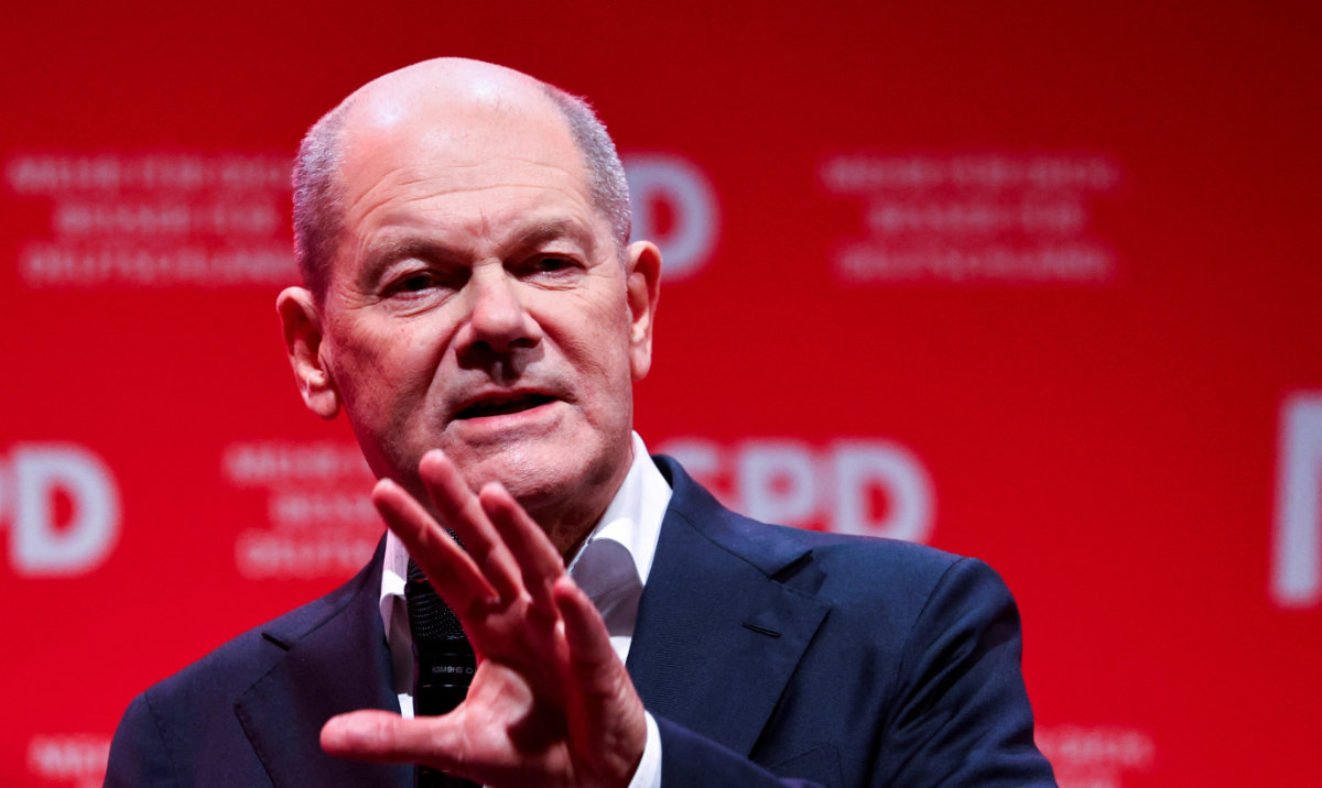 German Chancellor Olaf Scholz speaks as he campaigns for the 2025 general election, in Leipzig, Germany, February 8, 2025. (Reuters)