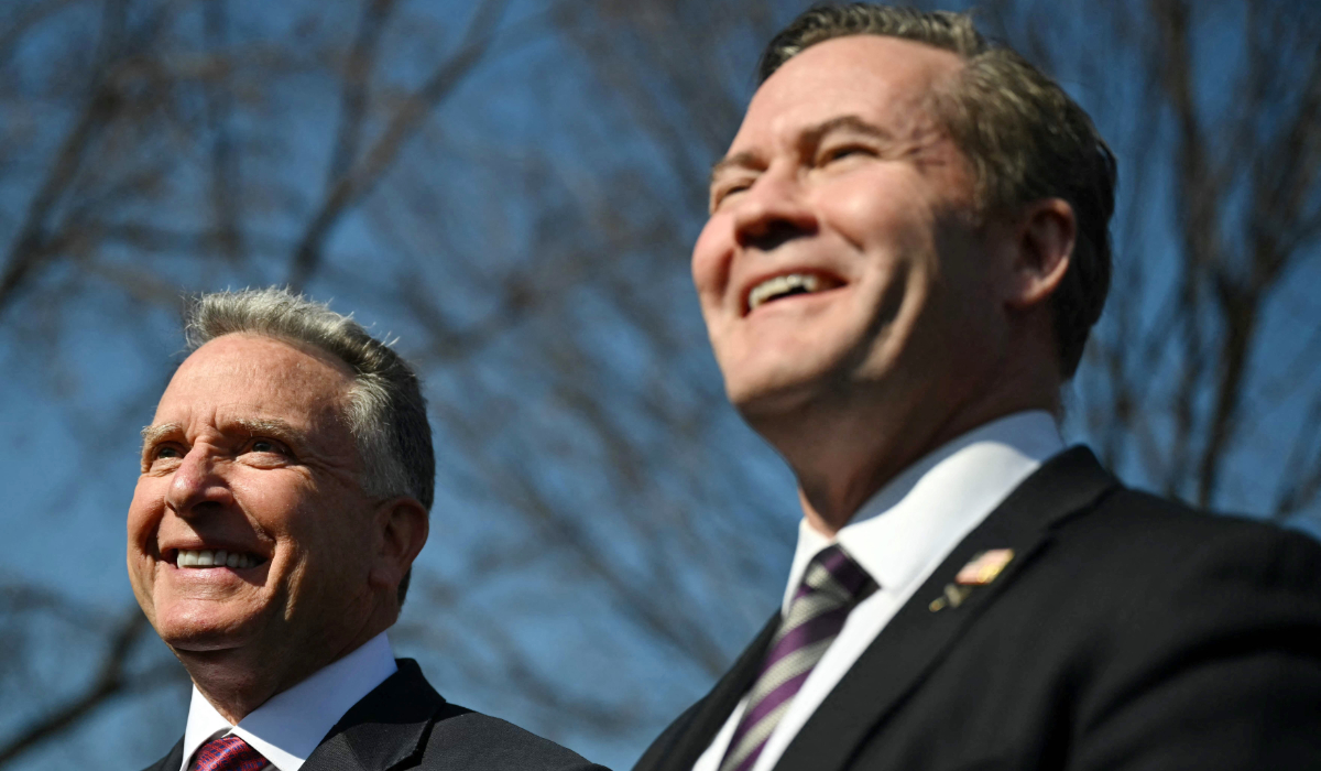 US Special Envoy to the Middle East Steve Witkoff (L) and US National Security Advisor Mike Waltz speak to reporters outside of the West Wing of the White House on February 4, 2025 in Washington, DC. (AFP)