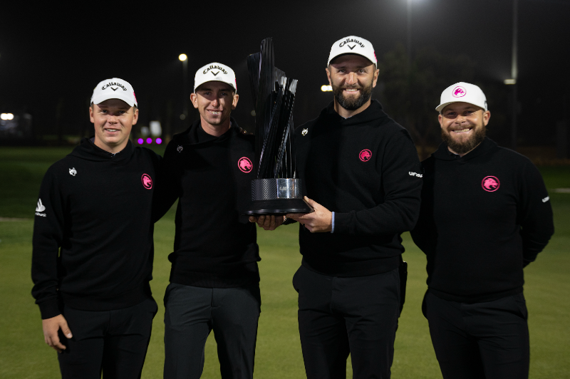 Team champions Legion XIII, from left, Caleb Surratt,Tom McKibbin, captain Jon Rahm, and Tyrrell Hatton. (Montana Pritchard/LIV Golf)