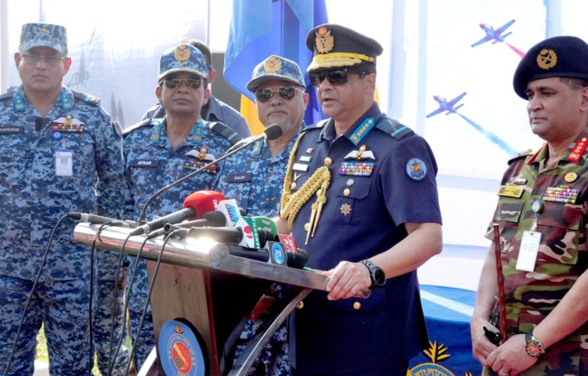 Bangladesh's Chief of Air Staff, Air Marshal Hasan Mahmood Khan, speaks to reporters at an event in Tangail, Bangladesh on Nov. 27, 2024. (ISPR Bangladesh)