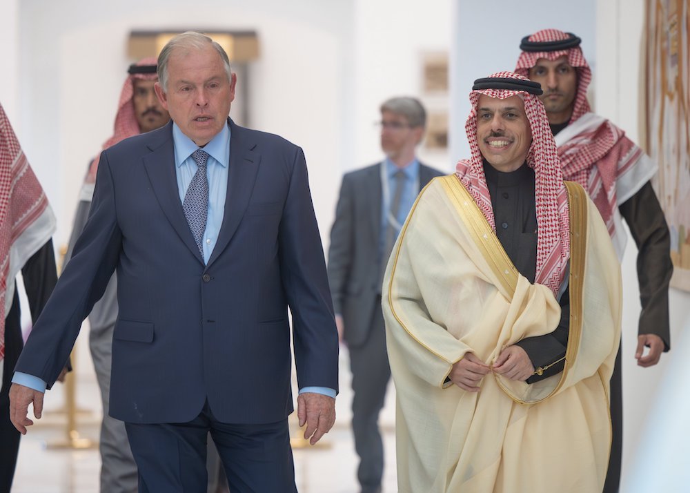Saudi Arabia Foreign Minister Prince Faisal bin Farhan welcomed Gerardo Werthein, his counterpart from Argentina, at the ministry’s headquarters in Riyadh on Sunday. (SPA)