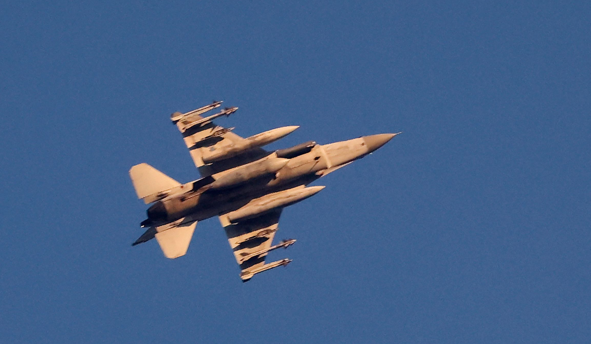 An Israeli Air Force fighter jet flying to intercept a hostile aircraft that launched from Lebanon over the border area with south Lebanon on August 25, 2024. (AFP)