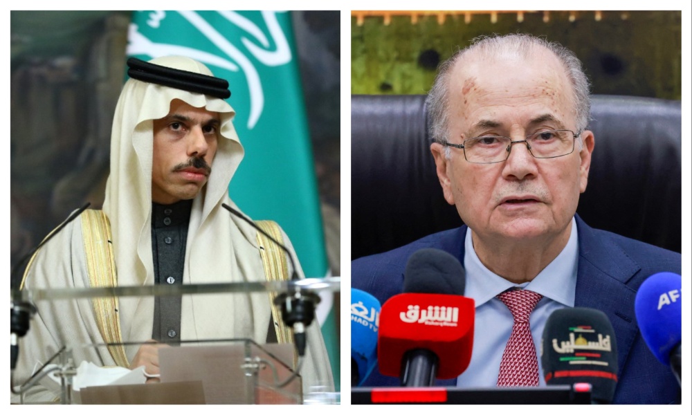 Saudi Foreign Minister Prince Faisal bin Farhan and Palestinian Prime Minister Mohammad Mustafa. (File/SPA/AFP)