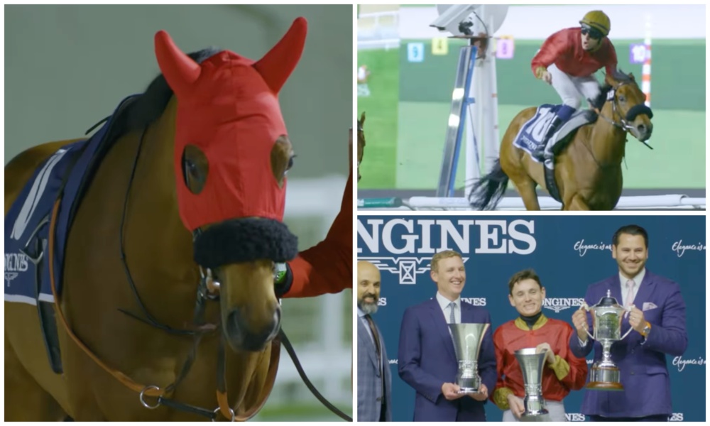 The winning touch of George Scott (bottom right) has also extended to Dubai, where West Acre (L) stormed to victory in the Group 2 Blue Point Sprint. (Instagram/@george_scott_racing)