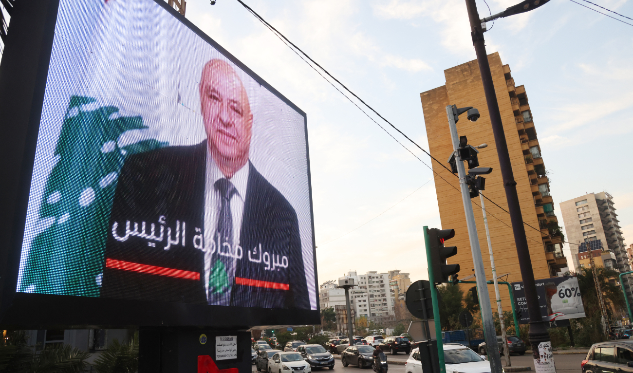 A billboard celebrating the election of army chief Joseph Aoun, as the Lebanon's president, is seen in Beirut on January 9, 2025. (AFP)