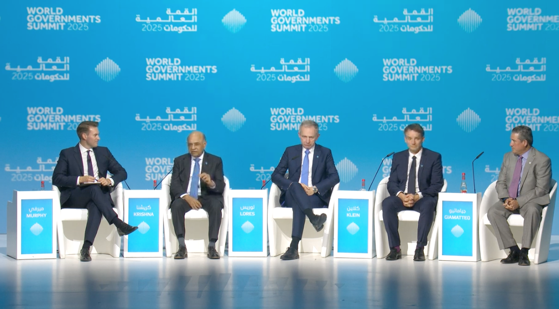 CNBC anchor Dan Murphy (L) hosts a panel at the World Governments Summit with (L-R) IBM CEO Arvind Krishna, HP CEO Enrique Lores, SAP SEO Christian Klein and John Giamatteo, CEO of BlackBerry. (Screengrab)