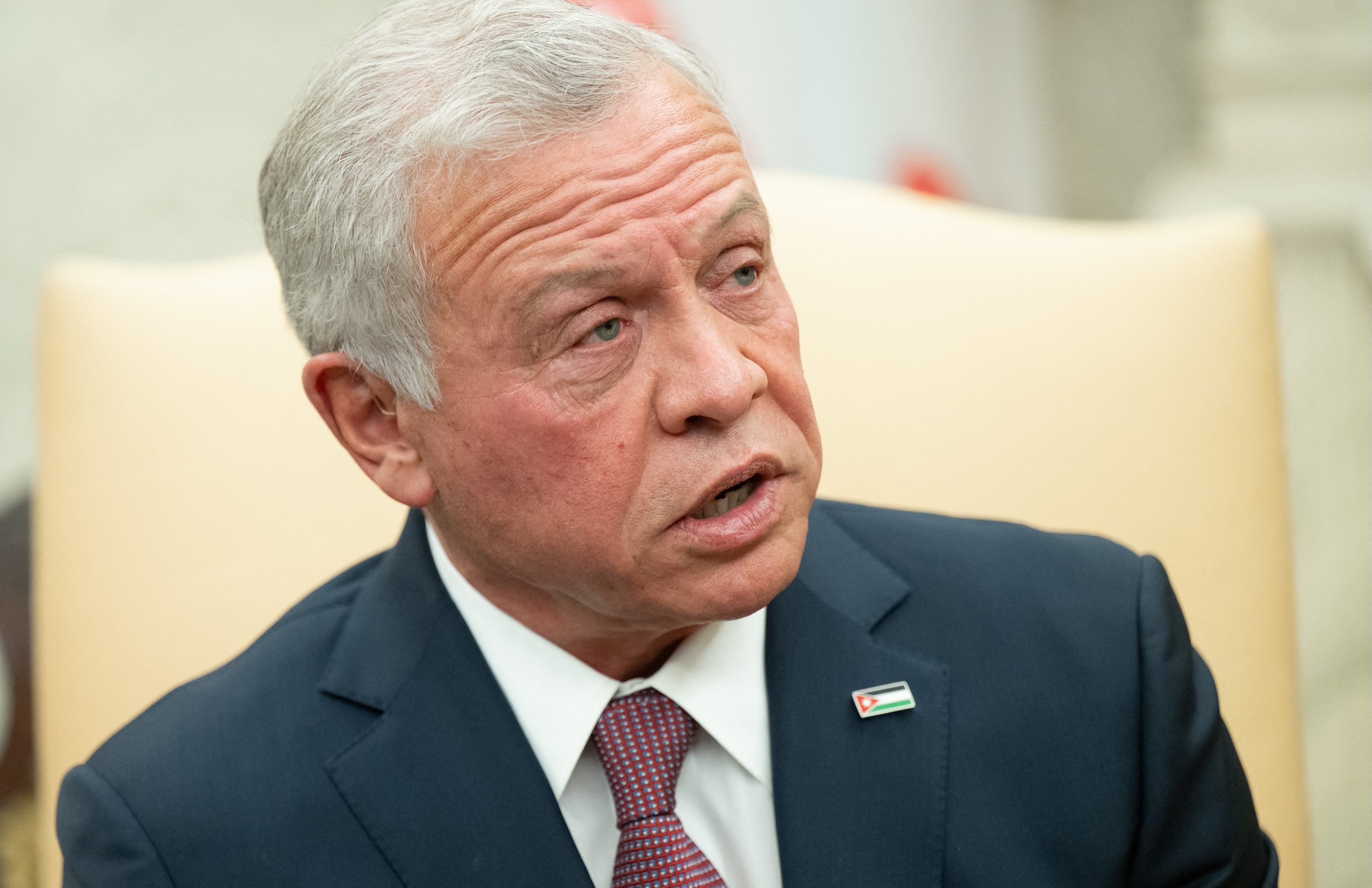 King Abdullah II of Jordan speaks during a meeting with US President Donald Trump in the Oval Office of the White House in Washington, DC, Feb. 11, 2025. (AFP)