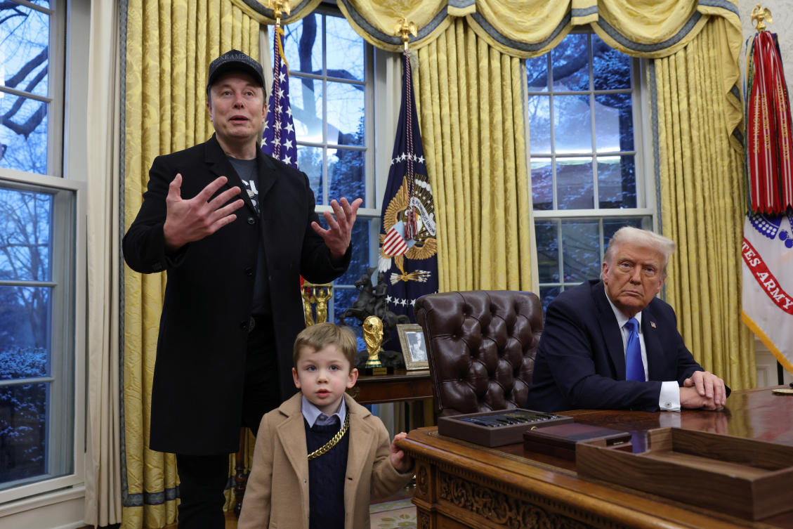 Elon Musk speaks as his son X Æ A-Xii and US President Donald Trump listen in the Oval Office of the White House in Washington, D.C., US, February 11, 2025. (Reuters)