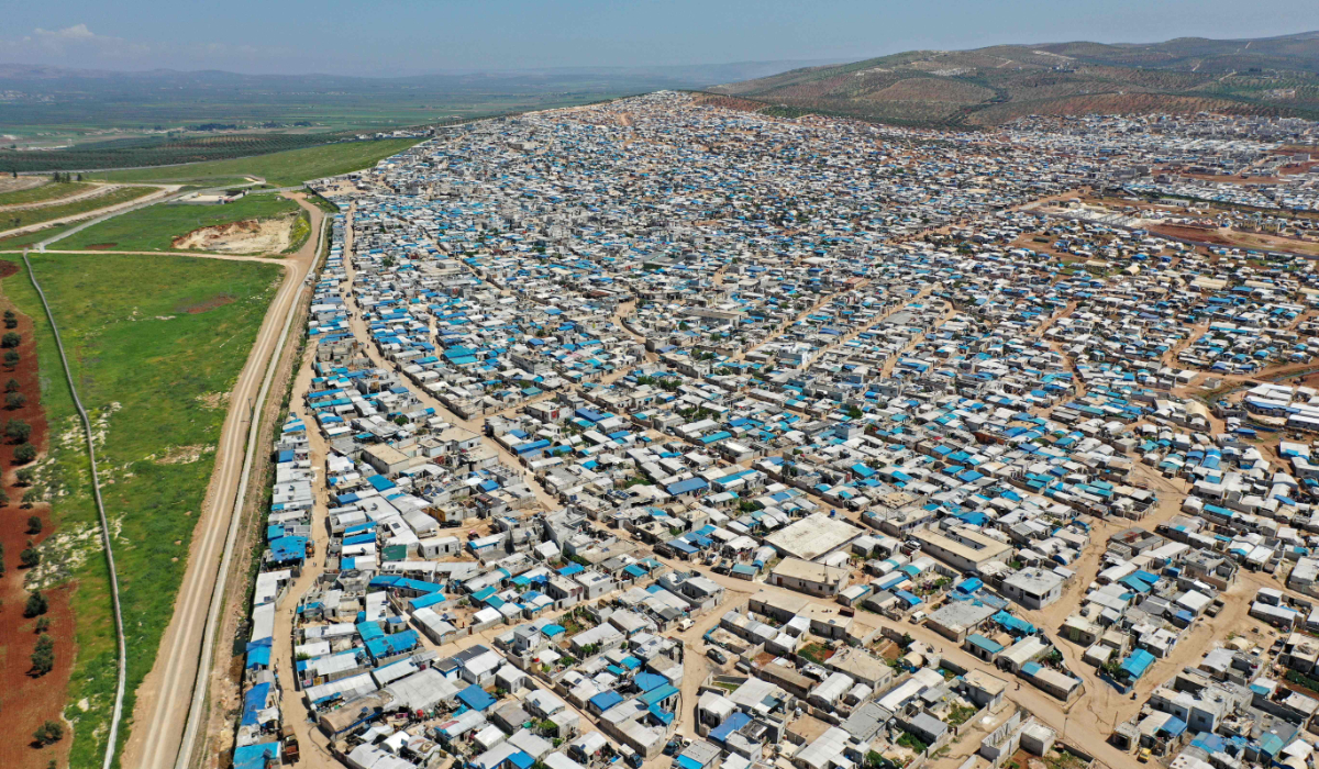 An aerial view shows the Atme camp for displaced Syrians close to the border with Turkey in Syria's northwestern Idlib province, on April 19, 2020. (AFP file photo)