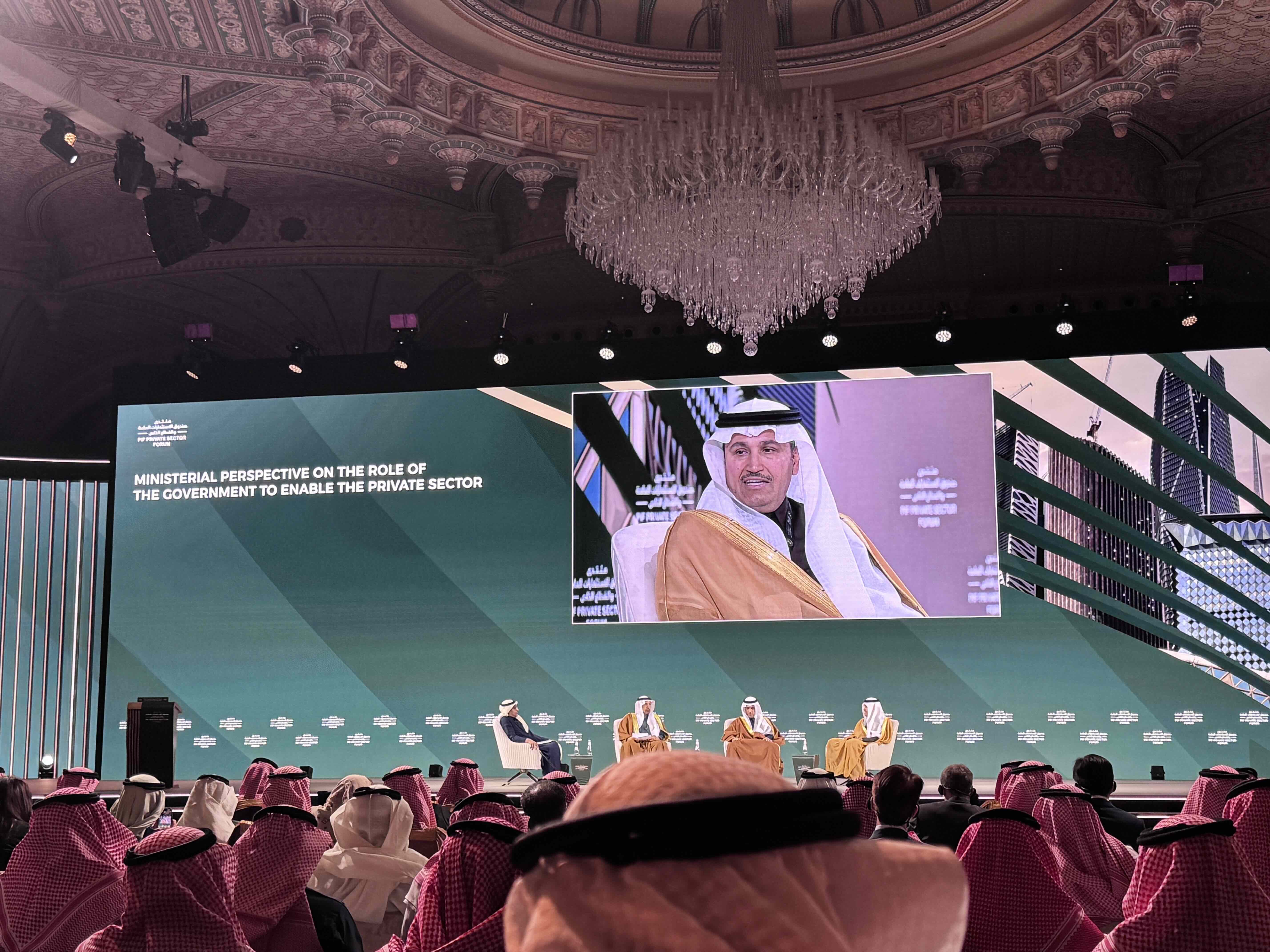 Saudi Arabia’s Minister of Transport and Logistic Services Saleh Al-Jasser speaks at the third PIF Private Sector Forum in Riyadh on Wednesday. AN photo by Nadin Hassan