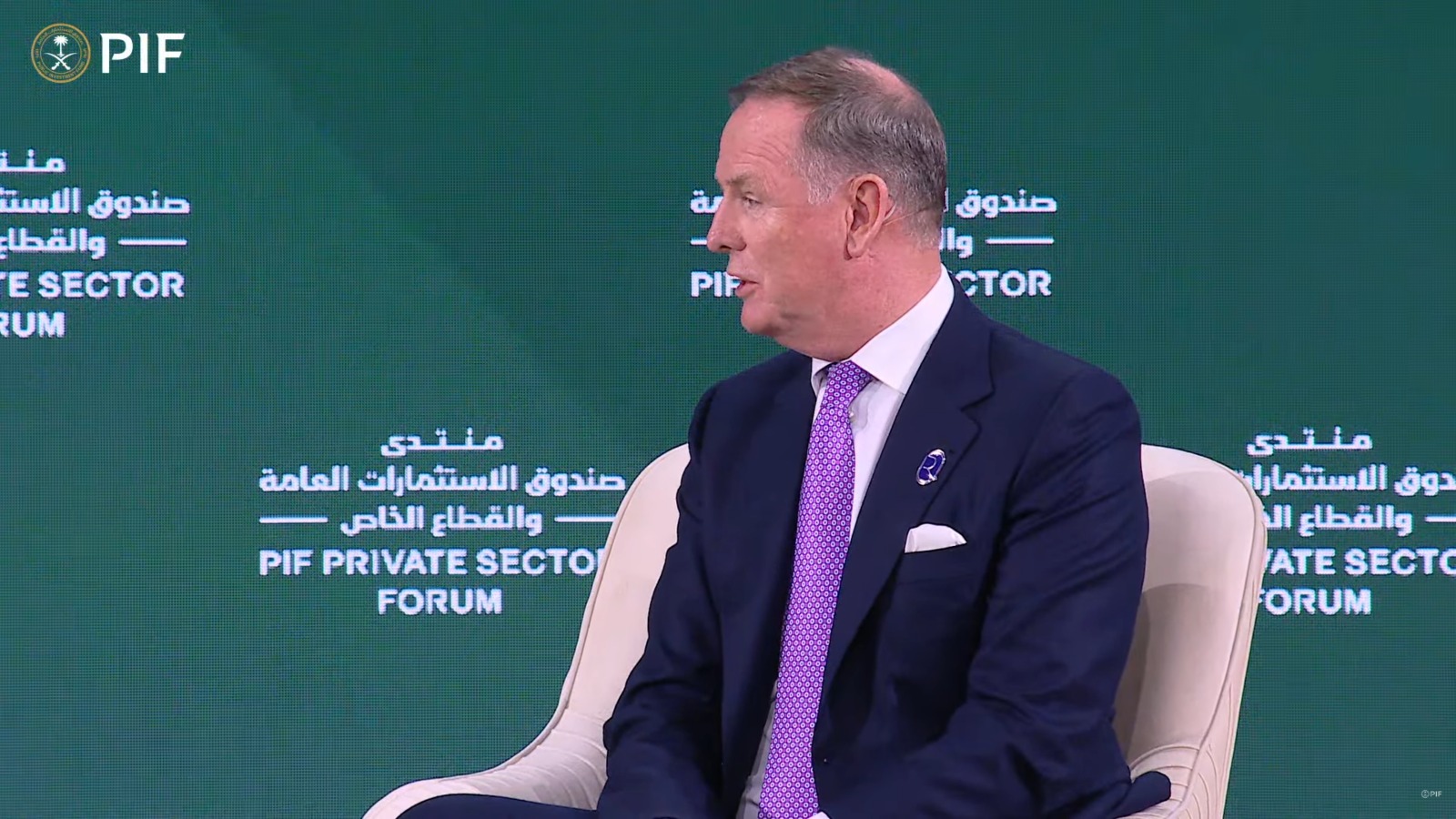 Riyadh Air CEO Tony Douglas speaking at the Public Investment Fund Private Sector Forum. Screenshot