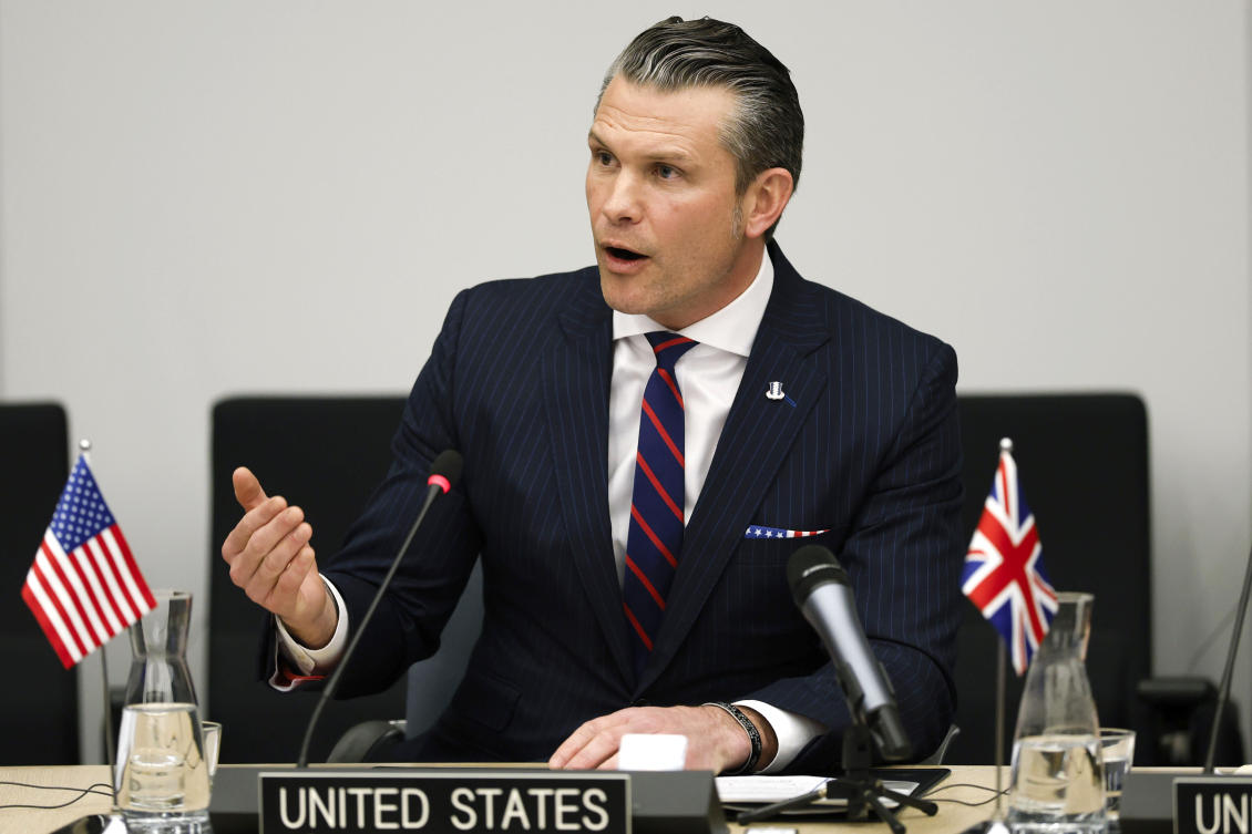 US Secretary of Defense Pete Hegseth speaks during a meeting of the Ukraine Defense Contact group at NATO headquarters in Brussels, Wednesday, Feb. 12, 2025. (AP)