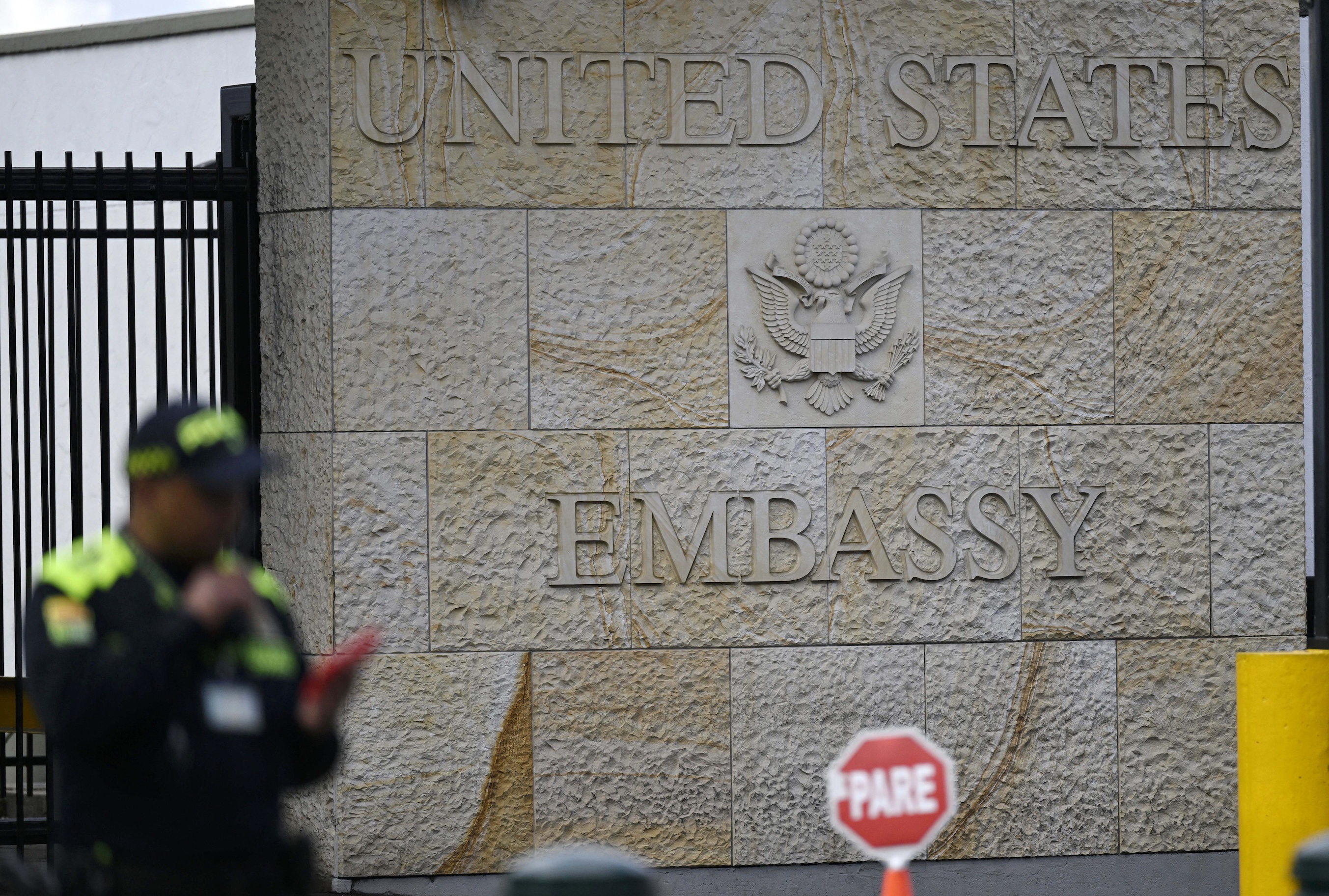 A guard stands outside the United States Embassy in Bogota, Colombia, Jan. 26, 2025. (AFP)