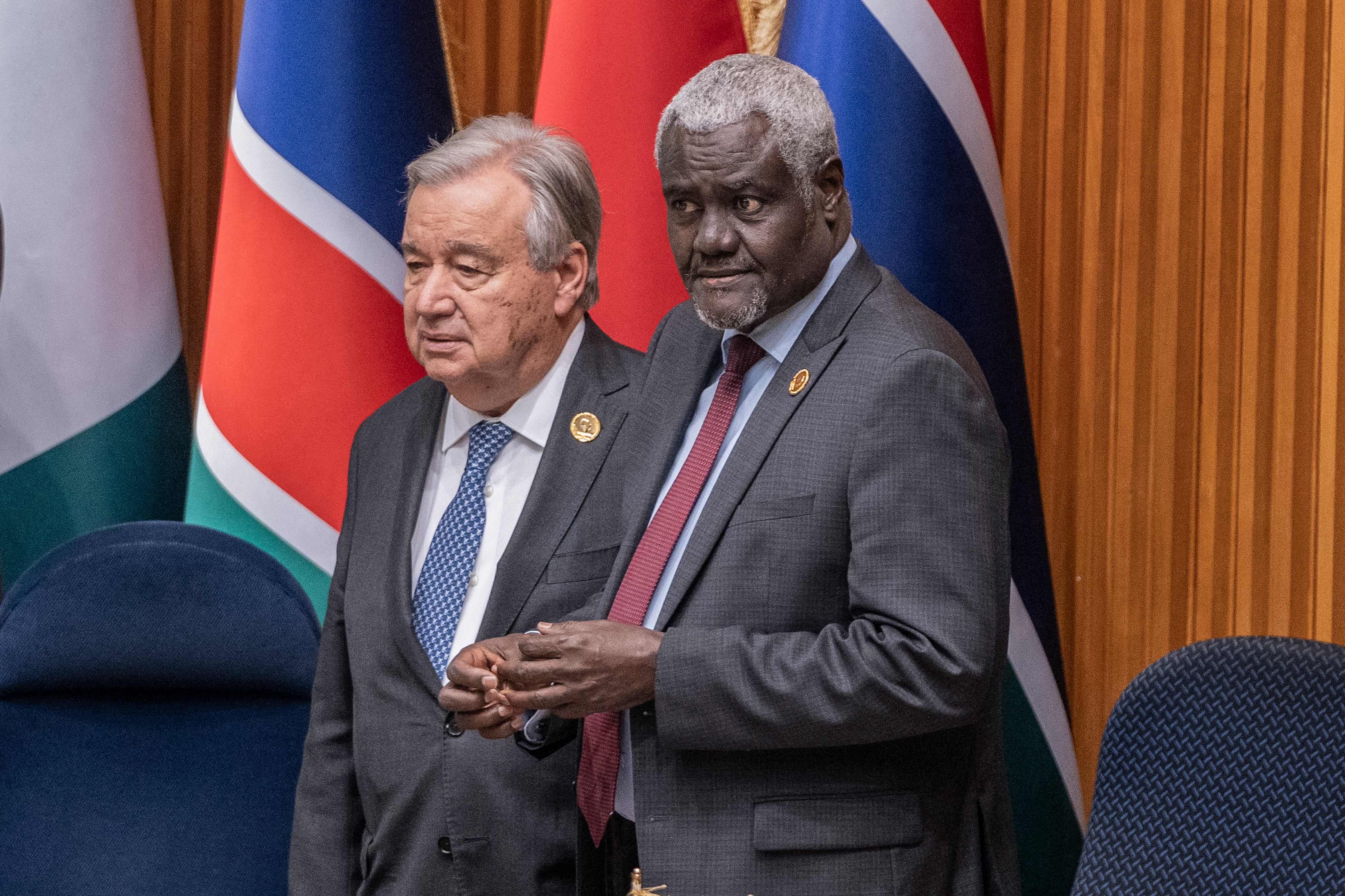 Outgoing African Union (AU) Commission chairman Moussa Faki (R) and Secretary General of the United Nations Antonio Guterres (L) look on during a meeting of the Peace and Security Council of the African Union (AU) at the AU Headquarters in Addis Ababa on February 14, 2025, where an updated communication on the situation in Sudan was given. (AFP)