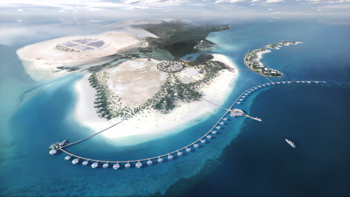 Aerial view of Shebara, a luxury hotel brand at the Red Sea destination. Located on Sheybarah Island in the thriving Al Wajh Lagoon, the resort contains 73 keys, including overwater and beach villas. (Photo courtesy: Red Sea Global)
