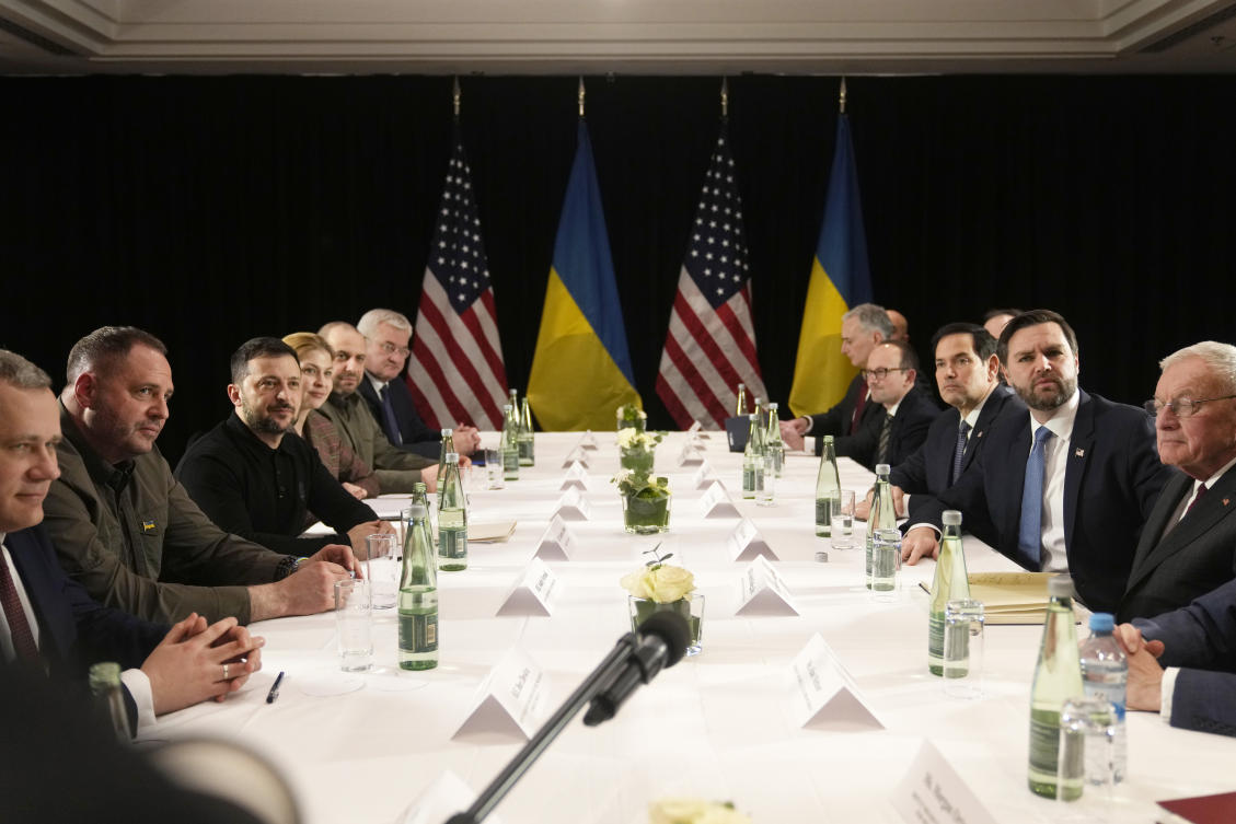United States Vice President JD Vance, second right, and United States Secretary of State Marco Rubio, third right, meet with Ukraine’s President Volodymyr Zelensky, third left, during a bilateral meeting on the sidelines of the Munich Security Conference in Munich on Feb. 14, 2025. (AP)