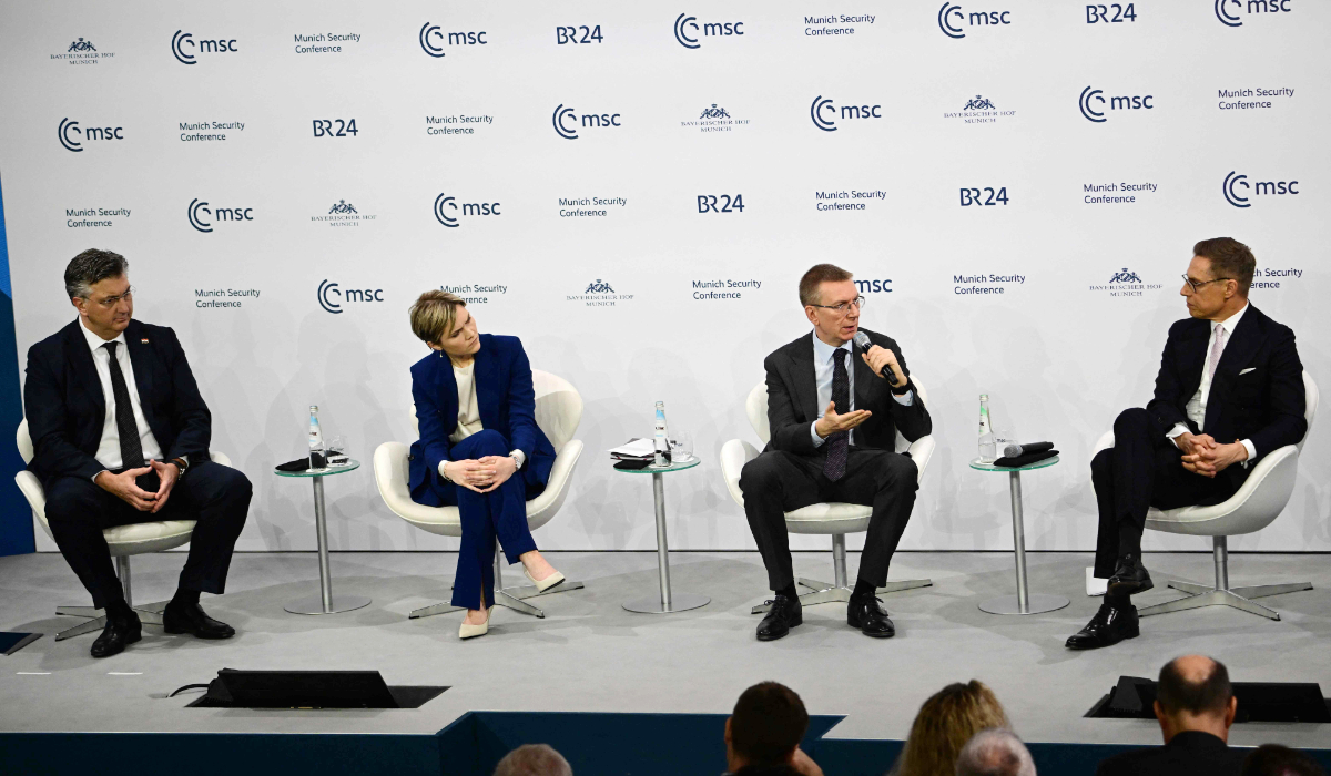 Croatia’s PM Andrej Plenkovic, Iceland’s PM Kristrun Mjoll Frostadottir, Latvian President Edgars Rinkevics and Finnish President Alexander Stubb in Munich. AFPCroatia’s PM Andrej Plenkovic, Iceland’s PM Kristrun Mjoll Frostadottir, Latvian President Edgars Rinkevics and Finnish President Alexander Stubb in Munich. (AFP)