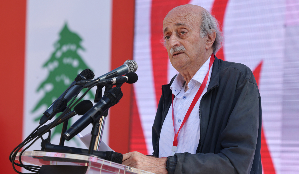 Walid Jumblatt delivers a speech during a gathering in Ain Zhalta on June 25, 2023. (AFP)