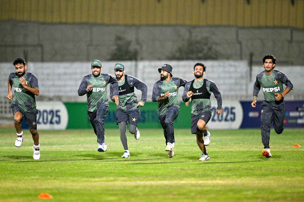 Pakistan’s players attend a practice session ahead of their ICC Men’s Champions Trophy one-day international match against New Zealand at the National Stadium in Karachi. (AFP)