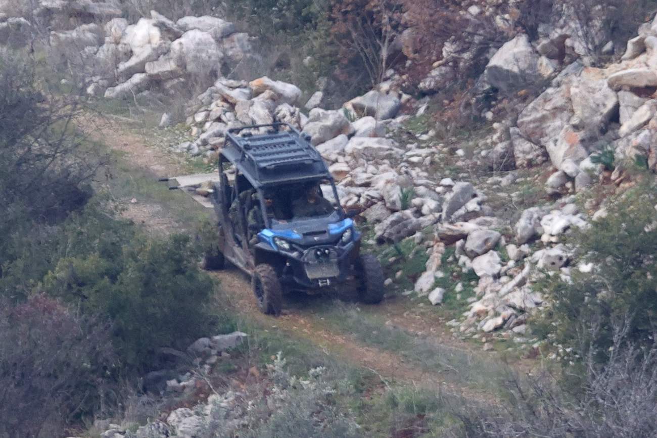 Israeli army forces patrol in the village of Kfarshuba in southern Lebanon on February 17, 2025. (AFP)