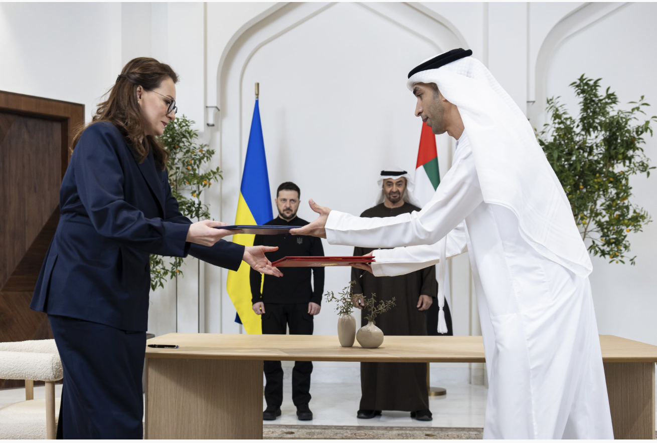 The signing ceremony was attended by UAE President Sheikh Mohamed bin Zayed Al-Nahyan and Ukrainian President Volodymyr Zelenskyy. Photo/Supplied