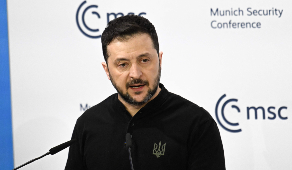 Ukrainian President Volodymyr Zelensky delivers a speech during the 61st Munich Security Conference (MSC) in Munich, southern Germany on February 15, 2025. (AFP)