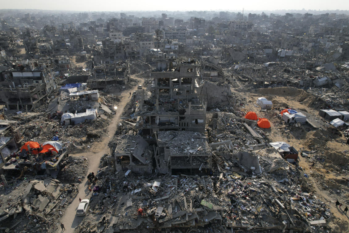 An aerial photograph taken by a drone shows tents amidst the destruction caused by the Israeli air and ground offensive in Beit Lahiya, northern Gaza Strip, on Monday, Feb. 17, 2025. (AP)